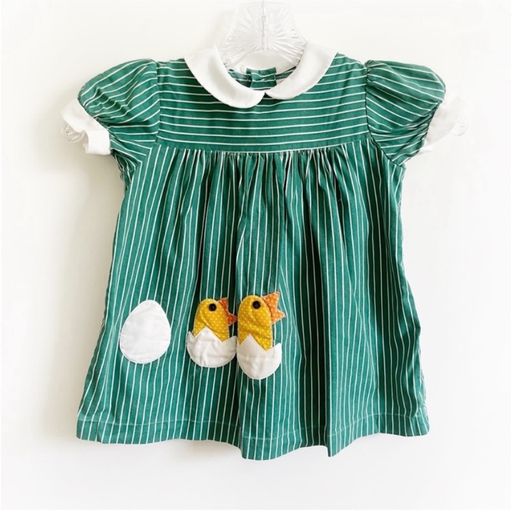 Vintage toddler girls dress green white striped chicks Peter Pan collar
